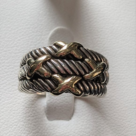 David Yurman Sterling Silver 14k Gold Triple Row 4 X Cable Ring size 7.5